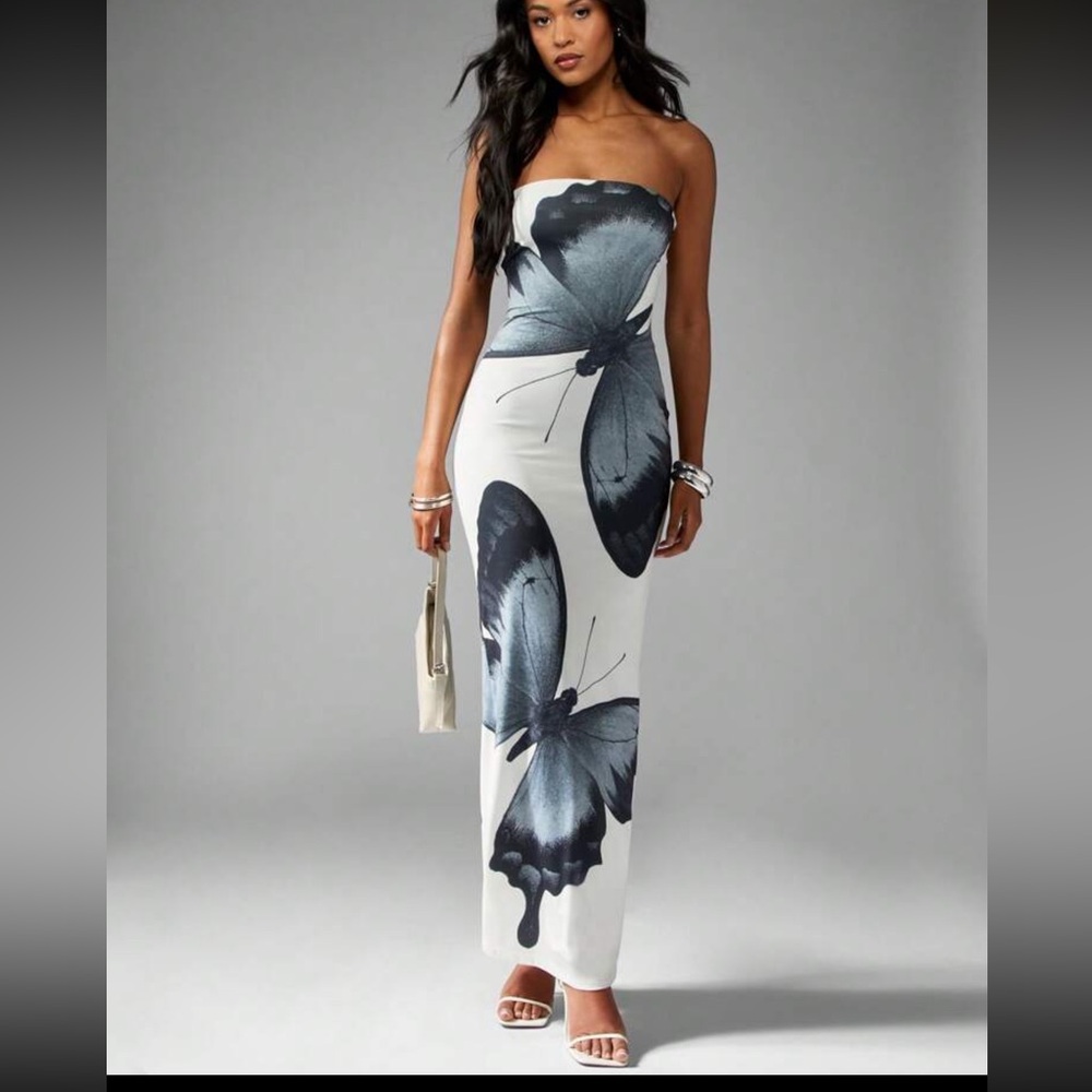 77) MISSGUIDED Butterfly Print Strapless  Bodycon maxi dress NWT large - Picture 3 of 6